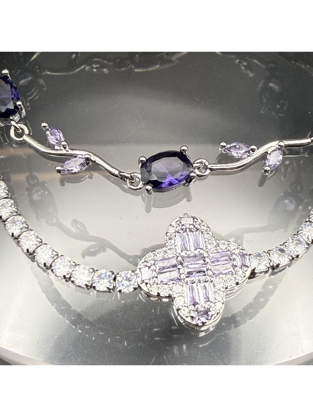 candy+clover purple amethyst clear crystal silver tone bracelet stack